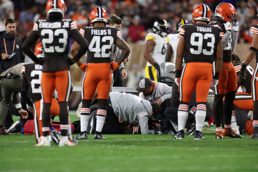 Anthony Walker Jr. #5 of the Cleveland Browns is injured on a play during the third quarter against the Pittsburgh Steelers