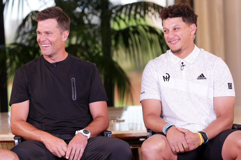 Tom Brady and Patrick Mahomes take part in the quarterback roundtable prior to Capital One's The Match VI - Brady & Rodgers v Allen & Mahomes at Wynn Golf Club