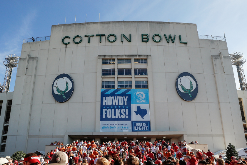 Fans arrive at the Cotton Bowl before the 2021 AT&T Red River Showdown between the Texas Longhorns and the Oklahoma Sooners at Cotton Bowl on October 09, 2021 in Dallas, Texas.