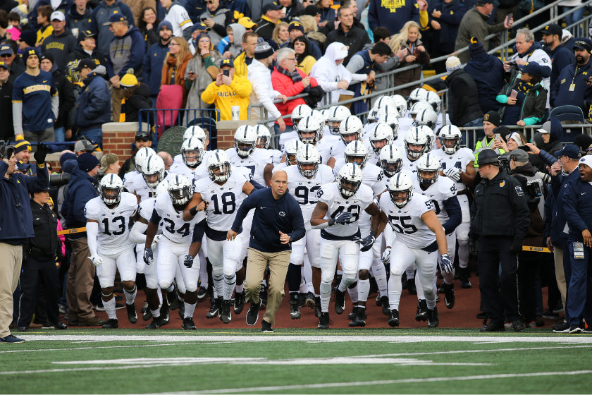 Penn State Nitty Lions head coach James Franklin leads his team onto the field before the start of a game between the Penn State Nittany Lions (14) and the Michigan Wolverines (5) on November 3, 2018 at Michigan Stadium in Ann Arbor, Michigan.