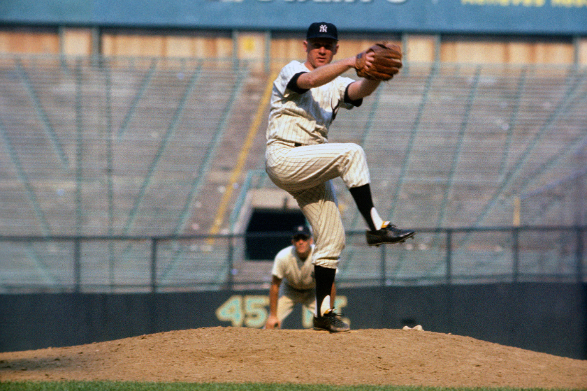 Whitey Ford throwing a pitch for the New York Yankees in 1963.