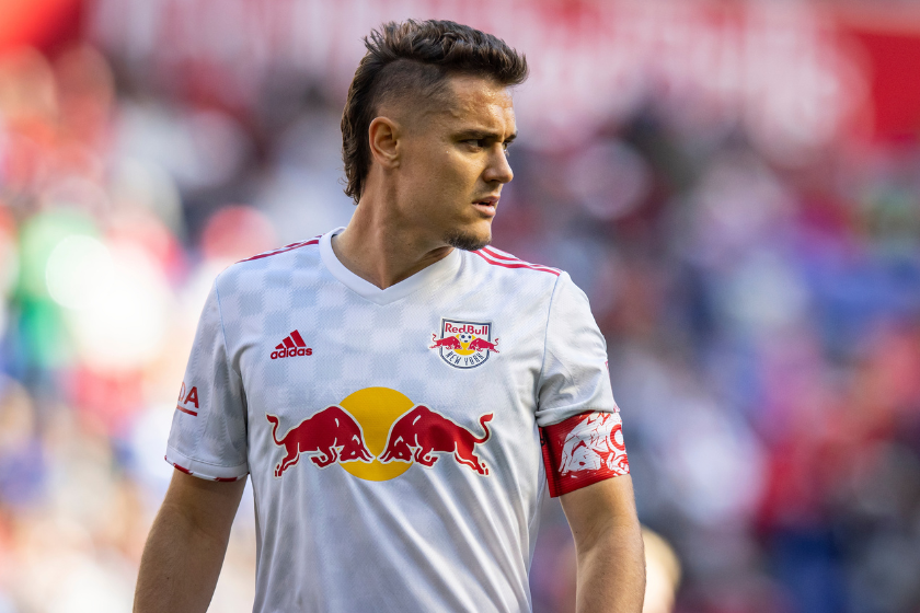  Aaron Long #33 of New York Red Bulls in the first half of the Decision Day Major League Soccer match against the Charlotte FC 