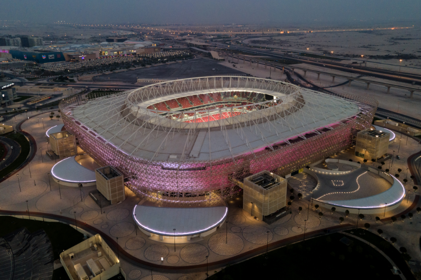An aerial view of Ahmad Bin Ali stadium at sunset on June 23, 2022 in Al Rayyan, Qatar. Ahmad Bin Ali stadium, designed by Pattern Design studio