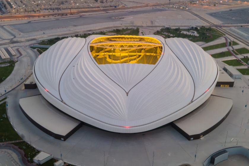 An aerial view of Al Janoub stadium at sunrise
