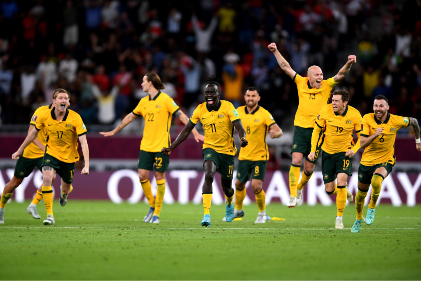 Australia celebrate after defeating Peru in the 2022 FIFA World Cup Playoff match between Australia Socceroos and Peru