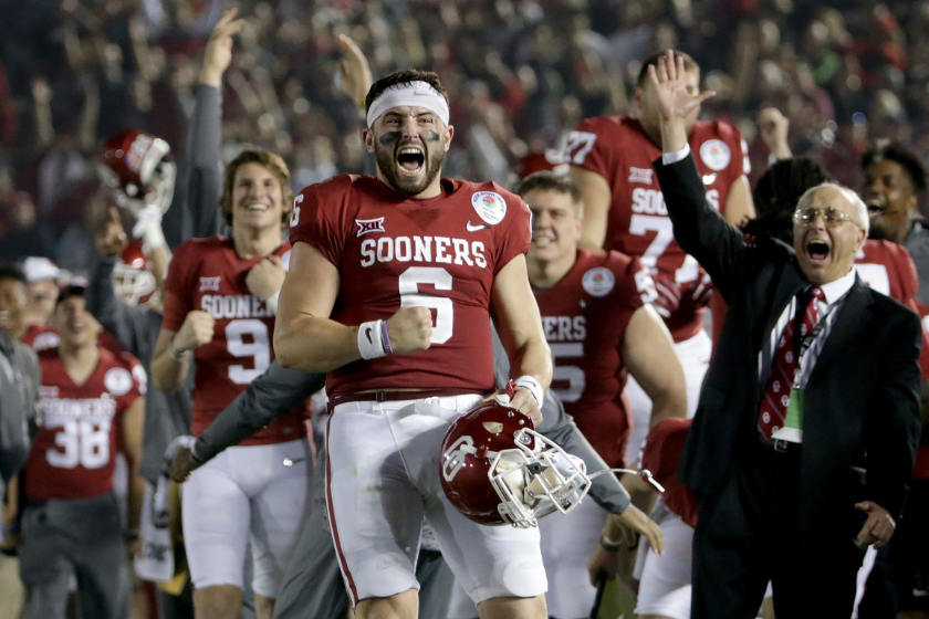 Baker Mayfield #6 of the Oklahoma Sooners celebrates after Steven Parker #10 of the Oklahoma Sooners scores a 46 yard touchdown because of a fumble by Sony Michel #1 of the Georgia Bulldogs in the 2018 College Football Playoff Semifinal at the Rose Bowl
