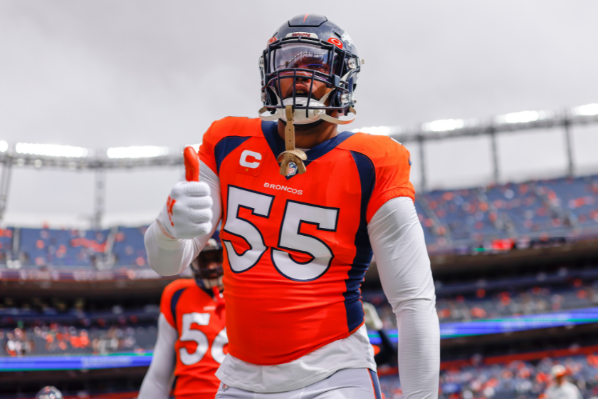Bradley Chubb #55 of the Denver Broncos gestures during warmups before the game against the New York Jets