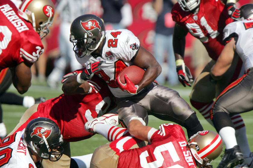 Tampa Bay Buccaneers rookie running back Carnell Williams fights for yardage during the San Francisco 49ers 15-10 defeat of the Tampa Bay Buccaneers