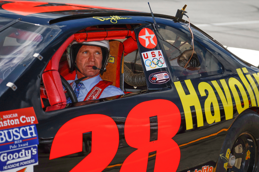 Clint Bowyer prepares to drive the No. 28 Davey Allison Tribute Ford prior to the 2022 GEICO 500 at Talladega Superspeedway