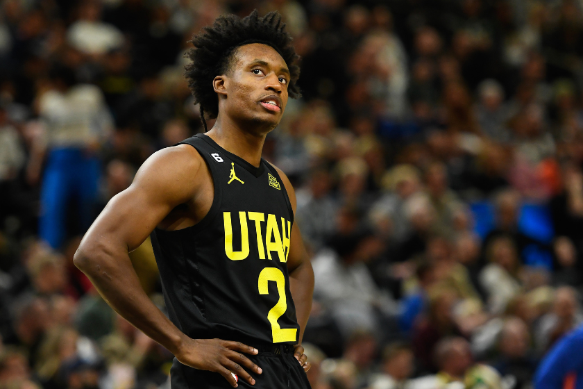Collin Sexton #2 of the Utah Jazz in action during a game against the New York Knicks at Vivint Arena