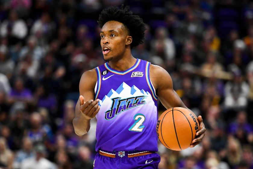Collin Sexton #2 of the Utah Jazz looks on during a game against the Denver Nuggets