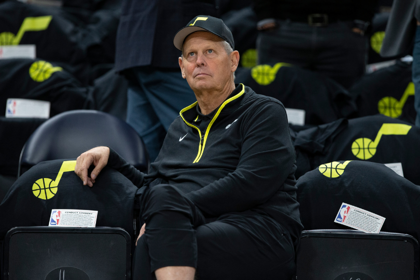 Danny Ainge, CEO of the Utah Jazz, watches warm-up before their game against the Houston Rockets