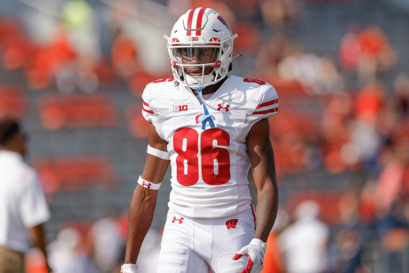 Devin Chandler #86 of the Wisconsin Badgers is seen before the game against the Illinois Fighting Illini