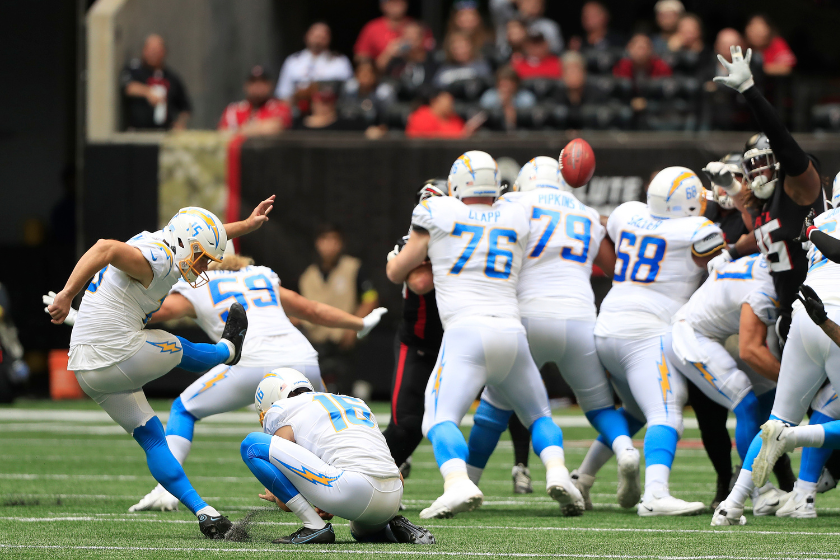 Los Angeles Chargers place kicker Cameron Dicker (15) kicks a filed goal during the Sunday afternoon NFL game between the Atlanta Falcons and the Los Angeles Chargers