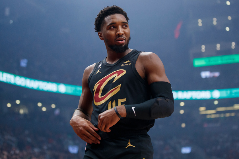 : Donovan Mitchell #45 of the Cleveland Cavaliers walks the court during the first half of their NBA game against the Toronto Raptors