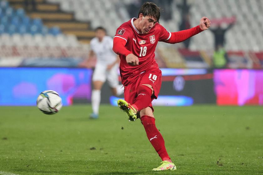  Dusan Vlahovic of Serbia in action during the 2022 FIFA World Cup Qualifier match between Serbia and Azerbaijan