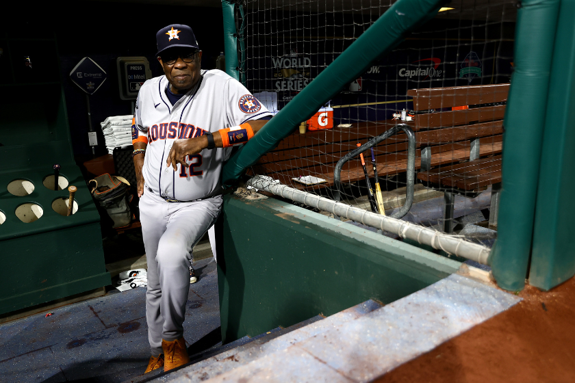 Manager Dusty Baker Jr. #12 of the Houston Astros stands in the dugout prior to Game Three of the 2022 World Series against the Philadelphia Phillies at Citizens Bank Park