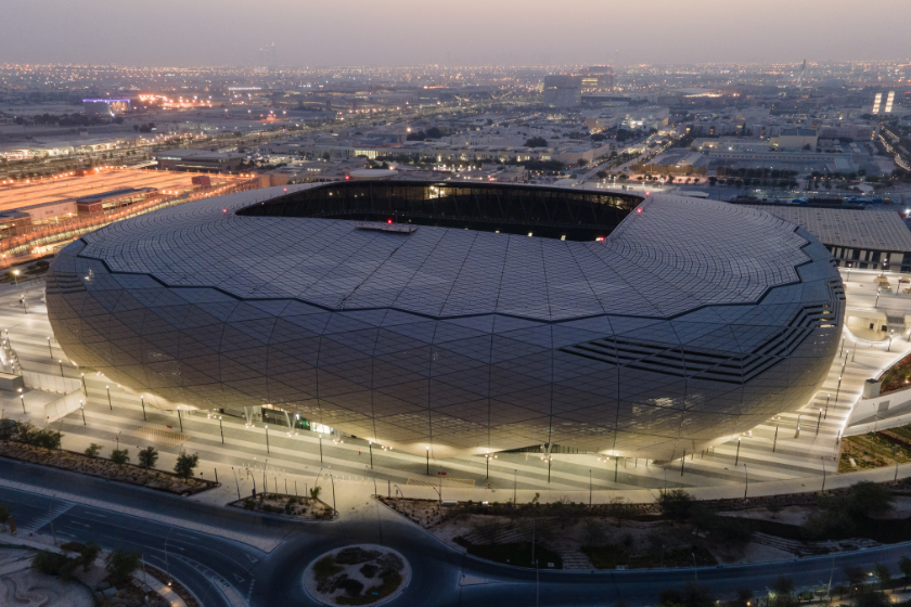 An aerial view of Education City stadium at sunrise on June 22, 2022 in Al Rayyan, Qatar. Education City stadium, designed by Fenwick-Iribarren Architects and Pattern Design studio.