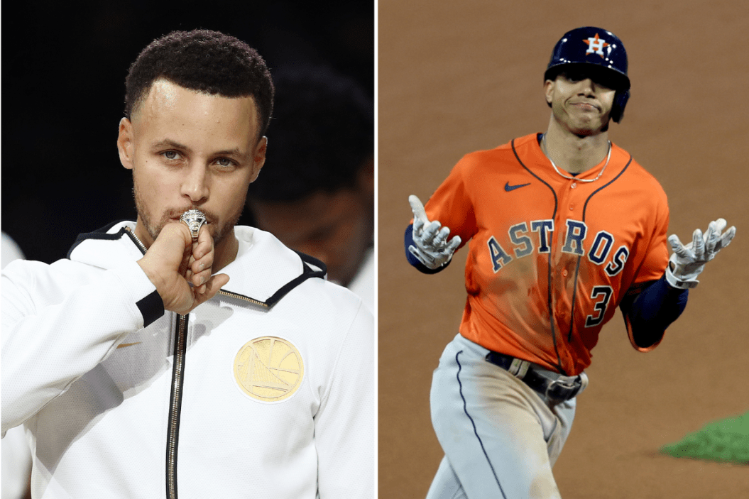 Stephen Curry #30 of the Golden State Warriors kisses at his 2017-2018 Championship ring prior to their game against the Oklahoma City Thunder at ORACLE Arena, Jeremy Peña #3 of the Houston Astros reacts as he rounds the bases after hitting a home run in the fourth inning of Game 5 of the 2022 World Series between the Houston Astros and the Philadelphia Phillies