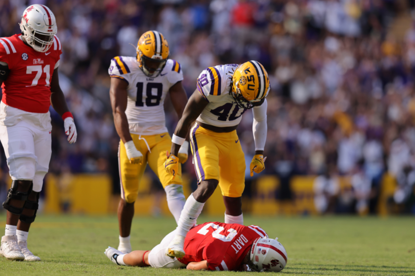 Harold Perkins Jr. #40 of the LSU Tigers reacts after sacking Jaxson Dart #2 of the Mississippi Rebels during the first half at Tiger Stadium