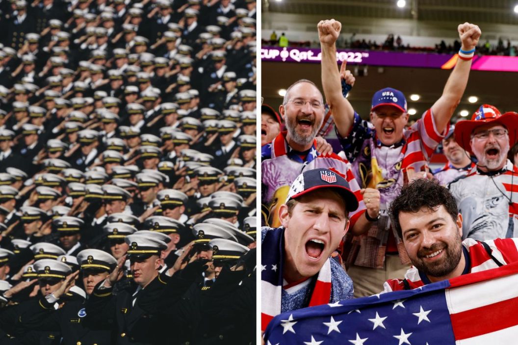 Naval Academy Cadets and U.S. Soccer supporters share a battle cry: "I Believe That We Will Win."
