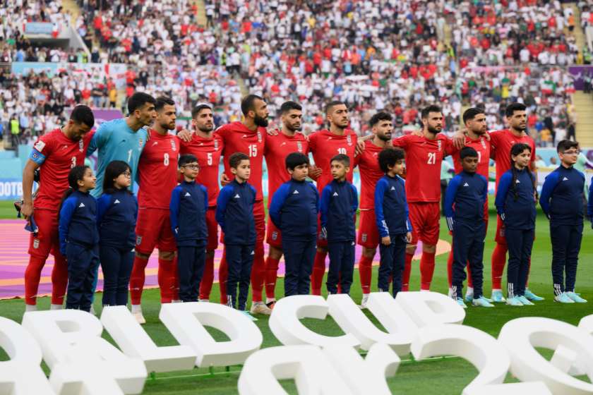 Iranian players line up for the national anthem prior to their FIFA World Cup Qatar 2022 Group B match against England