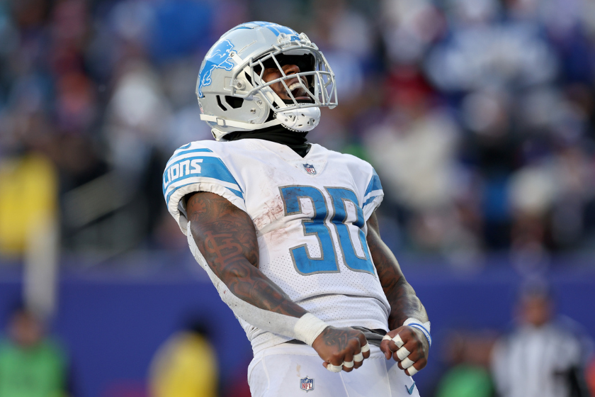 Jamaal Williams #30 of the Detroit Lions celebrates after scoring a touchdown against the New York Giants during the third quarter at MetLife Stadium