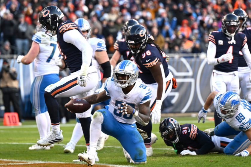 Jamaal Williams #30 of the Detroit Lions celebrates after scoring a touchdown during the fourth quarter against the Chicago Bears
