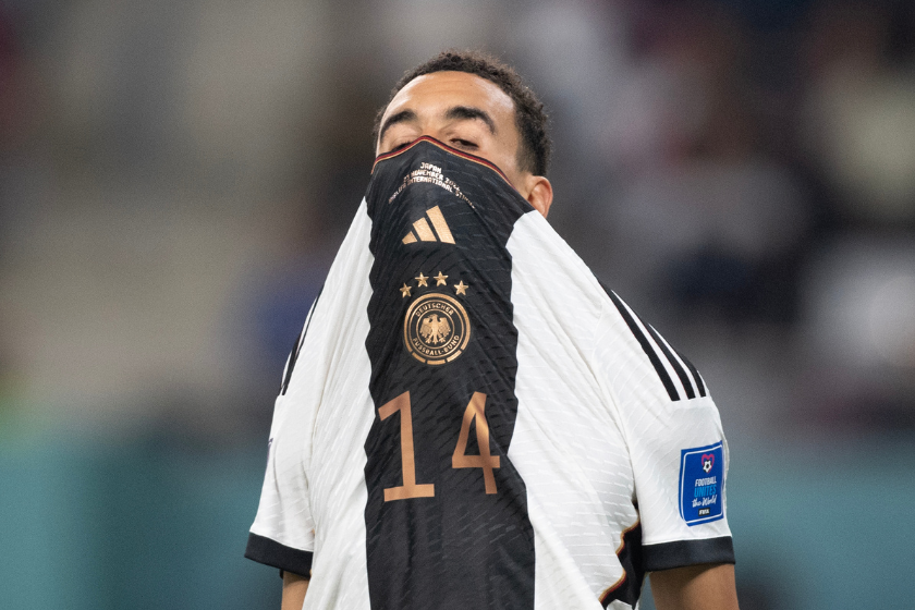 Jamal Musiala of Germany reacts after missing a scoring chance during the FIFA World Cup Qatar 2022 Group E match between Germany and Japan at Khalifa International Stadium