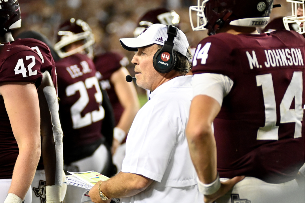 Head coach Jimbo Fisher of the Texas A&M Aggies looks on during the second half of the game against the Miami Hurricanes at Kyle Field