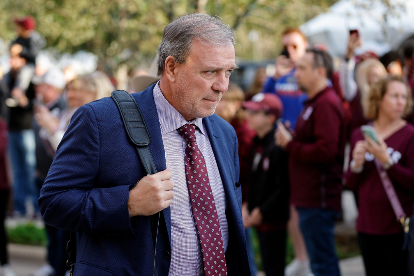 Head coach Jimbo Fisher of the Texas A&M Aggies arrives before the game against the Florida Gators at Kyle Field