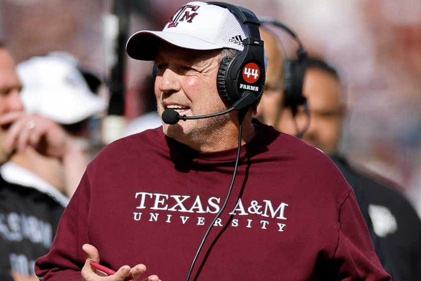 Head coach Jimbo Fisher of the Texas A&M Aggies reacts in the second half against the Florida Gators at Kyle Field