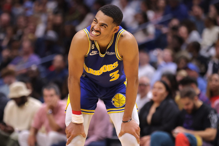 Jordan Poole #3 of the Golden State Warriors reacts against the New Orleans Pelicans during a game at the Smoothie King Center