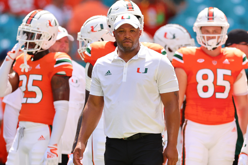 Offensive coordinator Josh Gattis of the Miami Hurricanes looks on prior to the game against the Bethune Cookman Wildcat