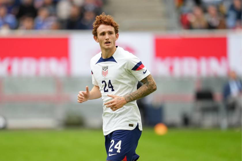 Josh Sargent #24 of the United States looking for the ball during a game between Japan and USMNT