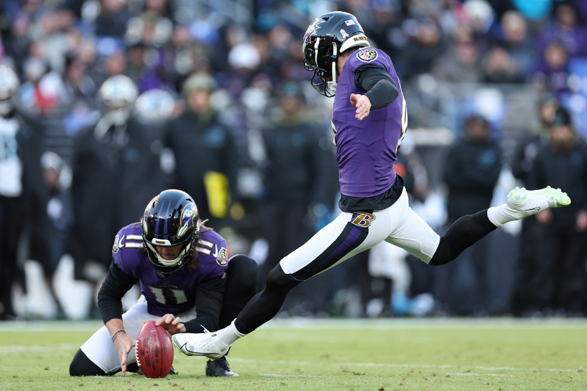 ustin Tucker #9 of the Baltimore Ravens kicks a field goal in the fourth quarter of a game against the Carolina Panthers at M&T Bank Stadium
