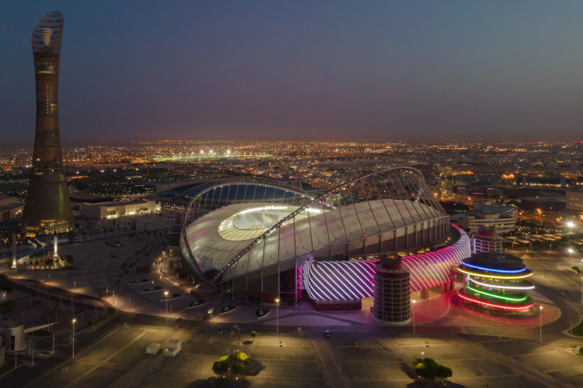 This photograph was taken using a drone) An aerial view of Khalifa Stadium stadium at sunrise 
