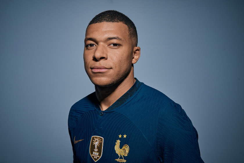  Kylian Mbappe of France pose during the official FIFA World Cup Qatar 2022 portrait session
