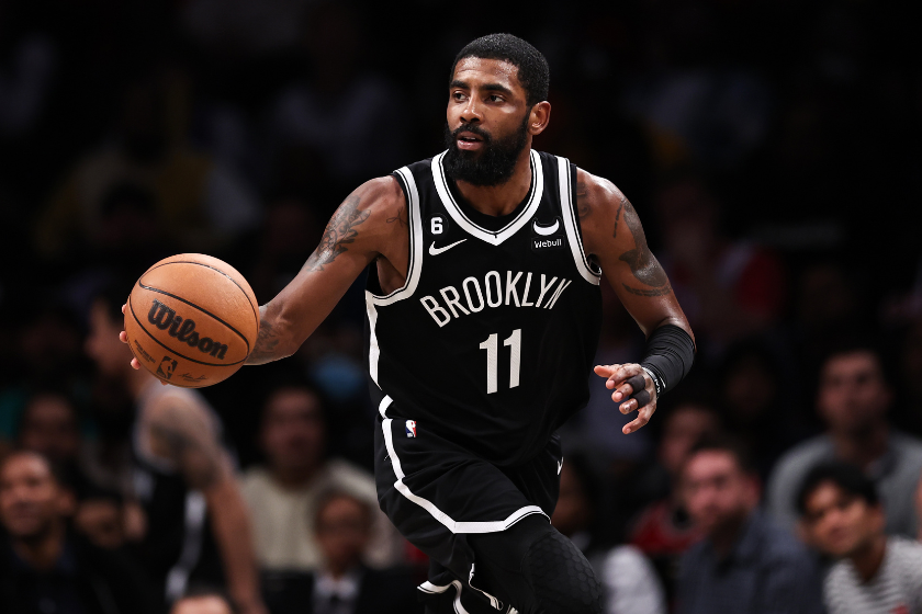 Kyrie Irving #11 of the Brooklyn Nets brings the ball up the court during the fourth quarter of the game against the Chicago Bulls at Barclays Center