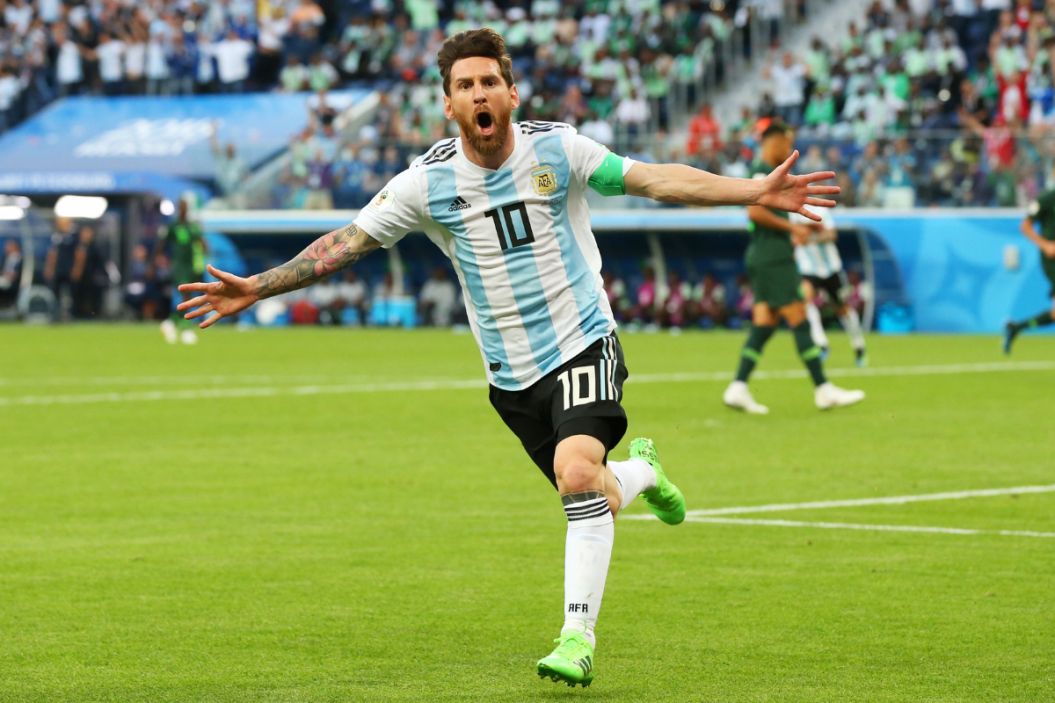 Lionel Messi of Argentina celebrates after scoring his team's first goal during the 2018 FIFA World Cup Russia group D match between Nigeria and Argentina