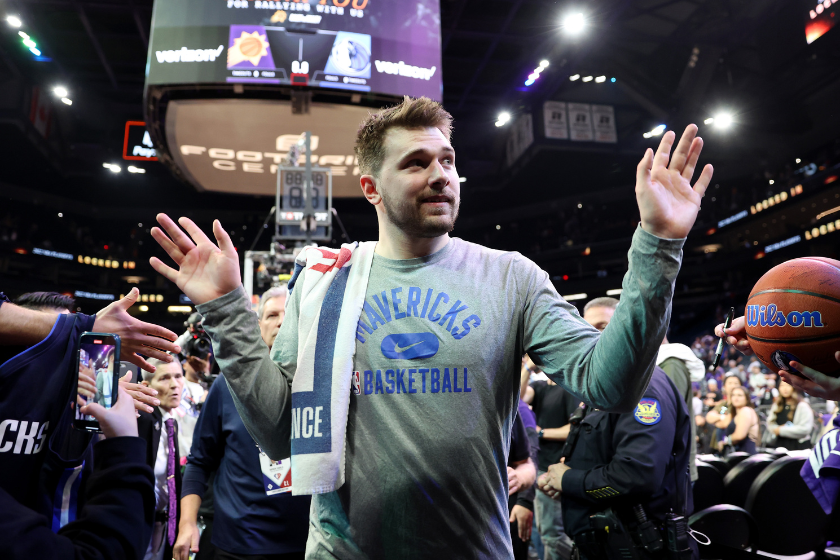 Luka Doncic #77 of the Dallas Mavericks leaves the court after defeating the Phoenix Suns 123-90 in Game Seven of the 2022 NBA Playoffs Western Conference Semifinals at Footprint Center 