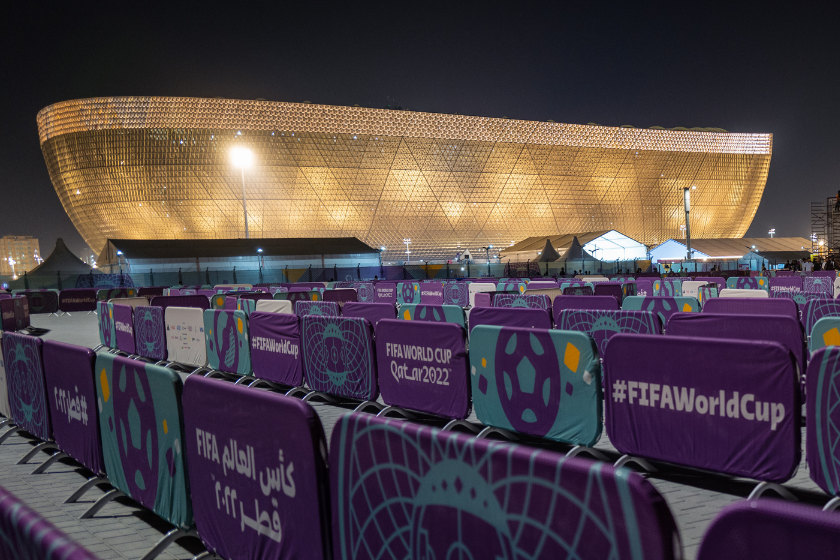 A general view of the Lusail Stadium, venue for the FIFA World Cup final with branding on crowd control barriers