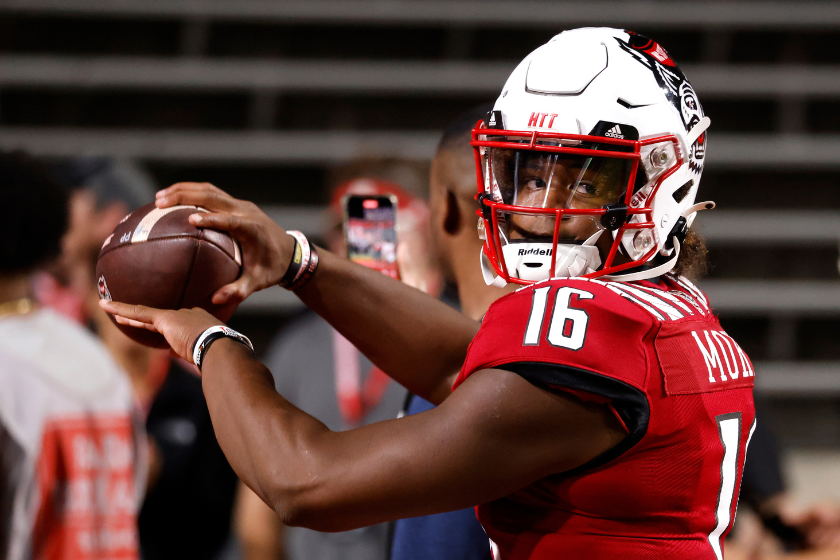 MJ Morris #16 of the North Carolina State Wolfpack warms up prior to their game against the Wake Forest Demon Deacons