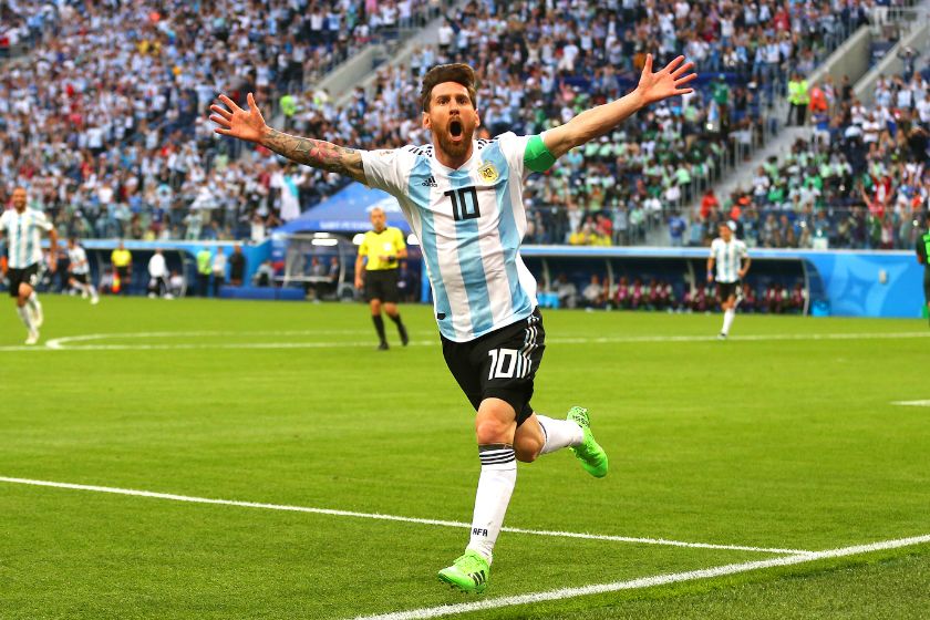 Lionel Messi of Argentina celebrates scoring a goal to make it 0-1 during the 2018 FIFA World Cup Russia group D match between Nigeria and Argentina