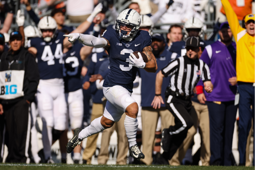 Parker Washington #3 of the Penn State Nittany Lions runs for a touchdown against the Ohio State Buckeyes during the first half at Beaver Stadium