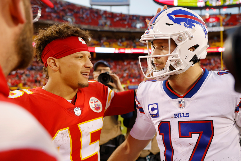 Patrick Mahomes #15 of the Kansas City Chiefs shakes hands with Josh Allen #17 of the Buffalo Bills after the game at Arrowhead Stadium