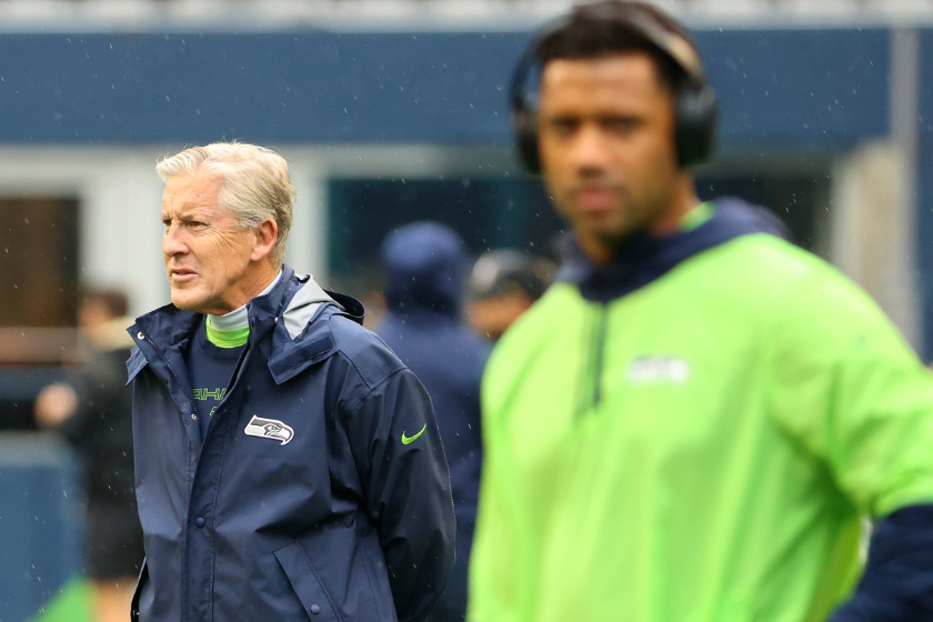  Head Coach Pete Carroll of the Seattle Seahawks looks on alongside Russell Wilson #3 before the game against the New Orleans Saints at Lumen Field