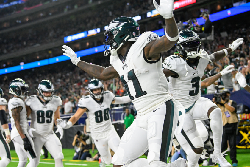 Wide receiver A.J. Brown (11) celebrates his second half touchdown reception during the football game between the Philadelphia Eagles and Houston Texans