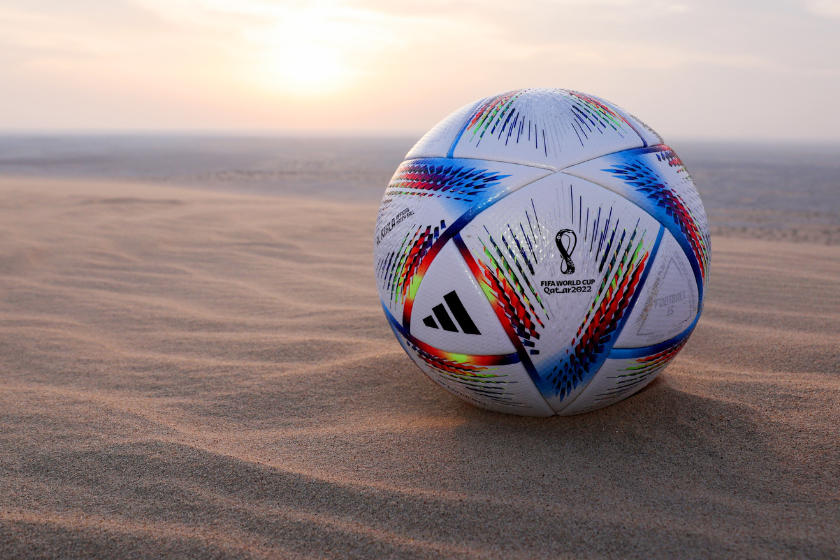 A general view of a match ball in the Sea Line Desert ahead of the FIFA World Cup Qatar 2022