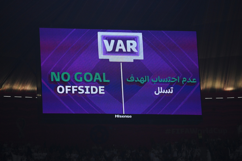 A Video Assistant Referee review is seen on a screen following a goal by Enner Valencia of Ecuador during the FIFA World Cup Qatar 2022 Group A match between Qatar and Ecuador